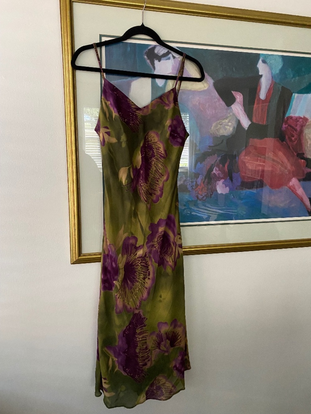 Vintage 1990s Green Purple Floral Slip Dress Grunge Boho Large Lucent